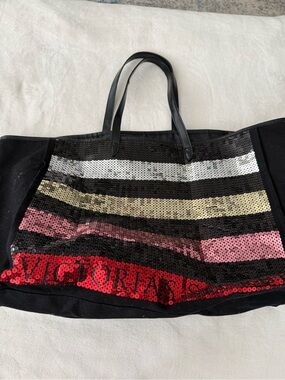 Victoria Secret Glitter Sequins Striped Large Tote Bag